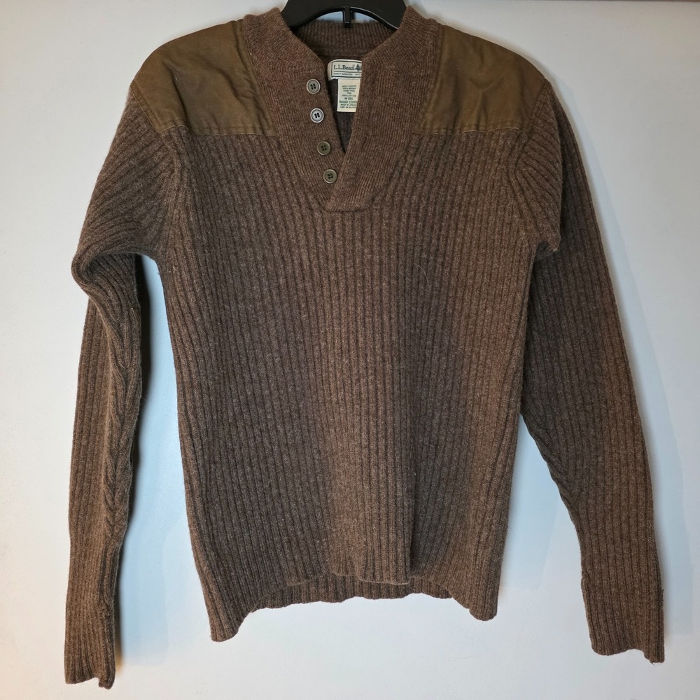 Vintage LL Bean Men's Sweater 100% Wool Size M Brown Military Winter Cozy Layers